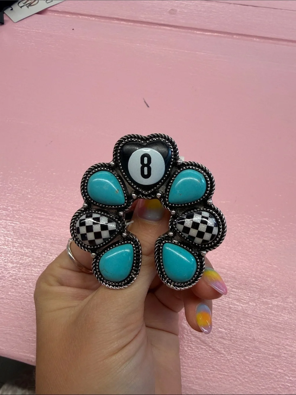 Turquoise & Black Check Eight-Ball Statement Bracelet